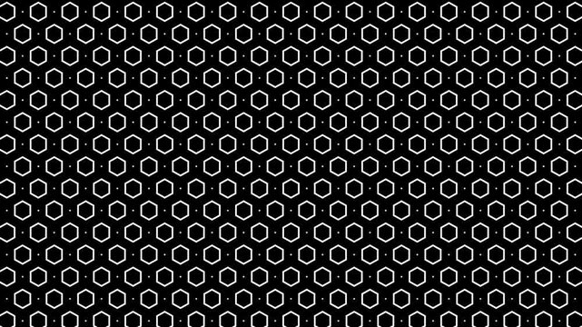 Animated Seamless Pattern Of Rotating Hexagon Symbols And Dots Scrolling Up On A Black Background, Seamless Loop, 4K Horizontal Video