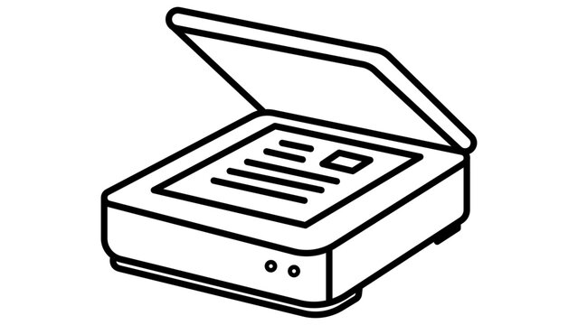 Minimalist Flatbed Scanner Vector Icon with Editable Stroke. Black Line Illustration of a Document Scanner with Open Lid for Office and Technology Design, Scalable Outline Graphic on White Background.