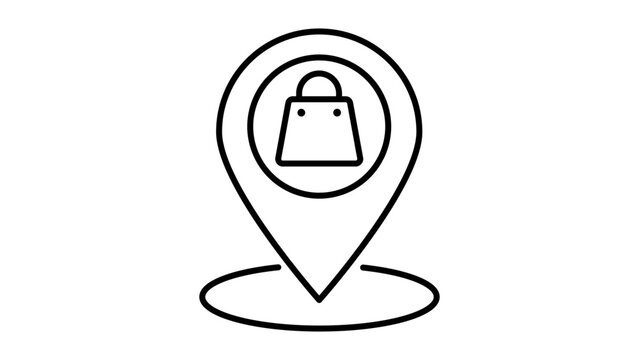 Store Locator Vector Icon featuring a Shopping Bag inside a Map Pin Marker. Minimalist Black Line Illustration on White Background with Editable Stroke for Retail, Commerce, and GPS Navigation.