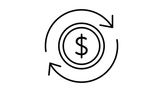 Subscription Model and Recurring Payment Editable Stroke Vector Icon. Minimalist Black Line Illustration of Dollar Coin with Circular Arrows for Automatic Billing, Finance, and Business Services.