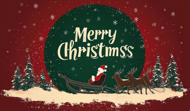 Festive snowy scene with a merry christmas greeting: bearded man in a red coat and hat riding a sleigh pulled by three reindeer past snow-covered pine trees, cheerful mood