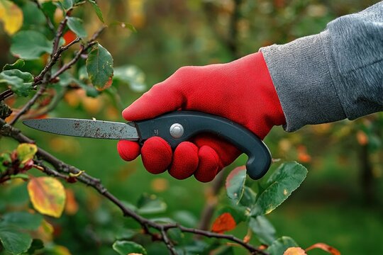 gloved hand in red gardening glove holding pruning knife trimming a small branch with green and yellow leaves, careful focused outdoor gardening action