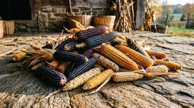 Pile of colorful corn cobs on a wooden surface.