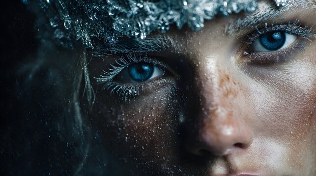 A captivating close-up portrait of a woman's intense blue eyes and icy, frosted features, framed by glittering, crystalline headwear against a dark, mystical background.