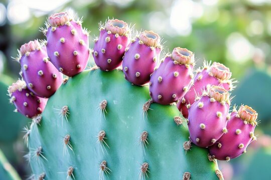 Sunlit close-up of a green cactus pad crowned with vibrant magenta fruit buds and tiny spines, fresh and lively mood