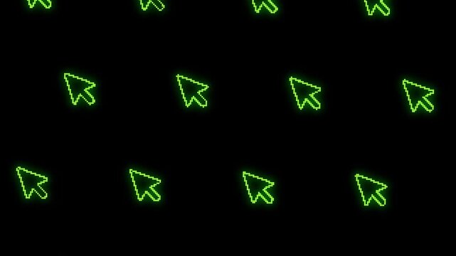 Animated design of green cursors intertwining with bright pixels on a black background