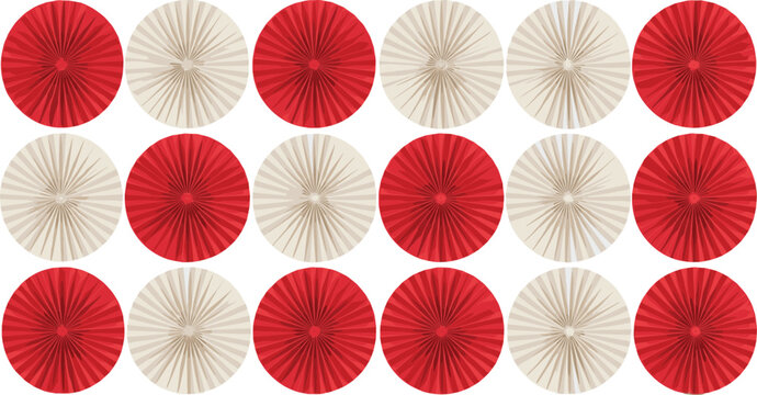 Collection of Red and White Paper Fan Rosette Vector Decorations for Party Backdrops, Festive Celebrations, Circular Pattern Designs, and Event Interior Decor Backgrounds