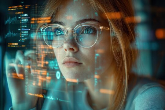 Focused person with long hair interacting with a holographic digital interface of glowing blue and orange data, graphs, waveforms, and code