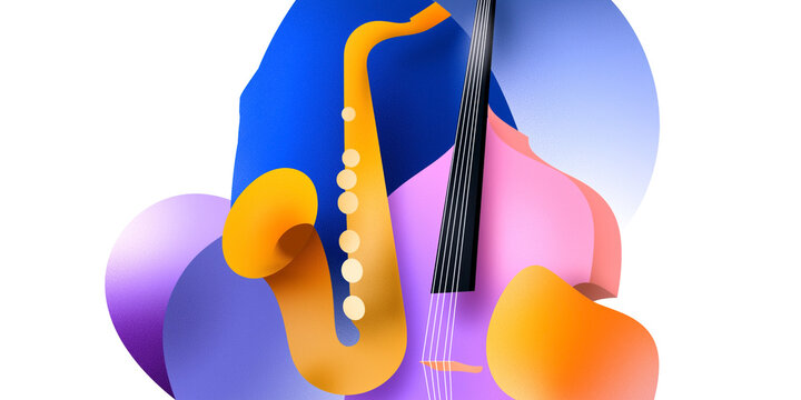 Abstract composition of saxophone and violin shapes in vibrant colors representing jazz music and creative artistic expression