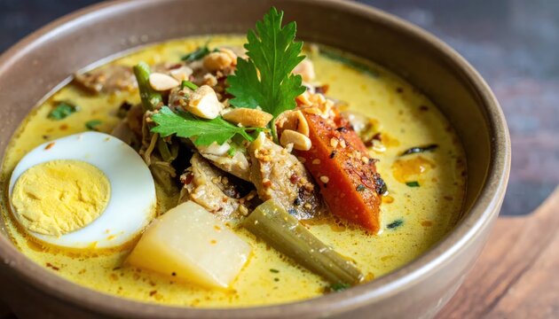 Delicious Indonesian Chicken Soto Soup with Egg and Vegetables.