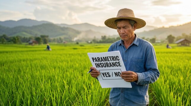 Farmers assessing parametric insurance options rice fields informative document rural landscape close-up viewpoint