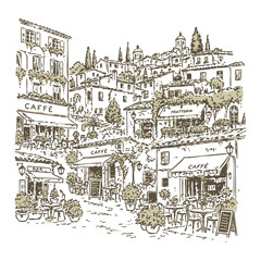 Obraz premium Charming Italian Village Street with Outdoor Cafes and Trattoria Sketch