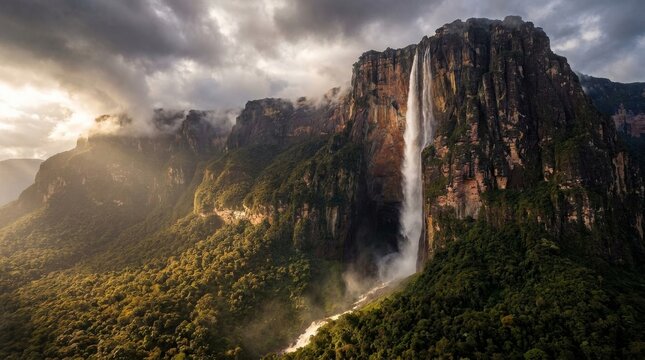 Majestic Angel Falls in Canaima National Park at Sunset
