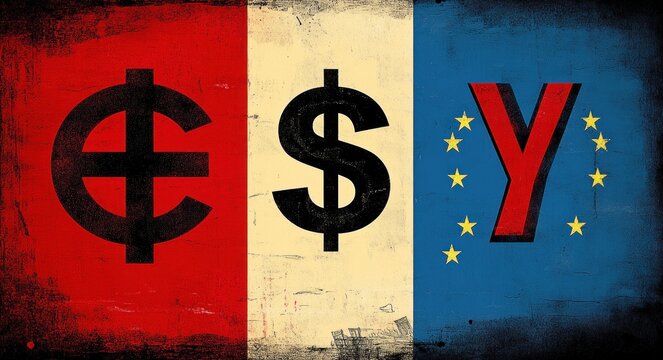 grungy triptych of three vertical panels showing a bold cent sign on red, a large dollar sign on off-white, and a red y surrounded by stars on blue, evoking tension