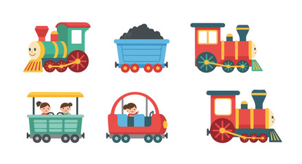 Naklejka premium Here’s a simple English prompt based on the image:A colorful cartoon illustration of different trains, including steam engines and small passenger cars, with people riding inside