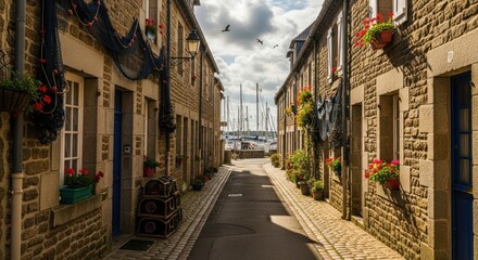 Fototapeta premium Charming Coastal Village Street Scene