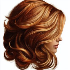 Naklejka premium voluminous glossy auburn wavy hair with golden highlights and soft flowing curls, face area obscured by a rectangular block, elegant warm mysterious mood