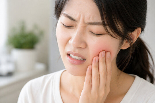 Toothache pain concept, young woman suffering from dental pain indoors