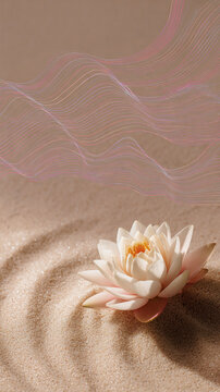 Tranquil Lotus Blossom in Zen Garden Sand with Flowing Abstract Waves for Mindfulness Meditation