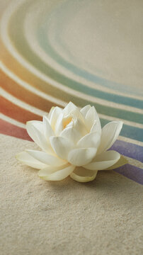 Zen White Lotus Flower on Textured Sand with Rainbow Light Patterns for Mindfulness and Meditation