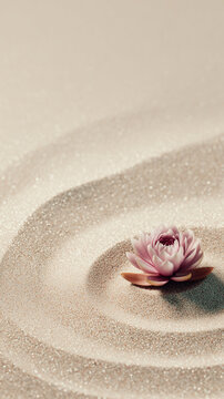 Tranquil Serenity of Zen Garden with Pink Lotus Flower on Sand Circles Symbolizing Harmony and Balance in Minimalist Setting