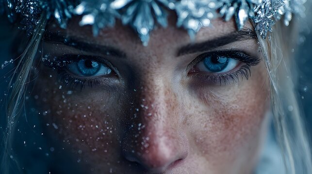 A striking close-up of a woman with mesmerizing blue eyes and delicate frost on her skin, wearing an intricate icy crown and set against a soft, wintry backdrop.