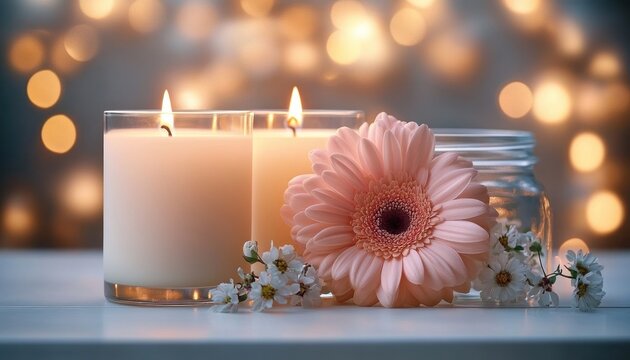 soft pink gerbera and small white blossoms beside two lit candles in glass containers and a glass jar with warm bokeh lights creating a calm romantic cozy atmosphere