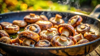 Fototapeta premium A photo of fluffy champignons frying in a black pan with a hint of goldenbrown edges, closeup view showing the vibrant colors and crispy texture