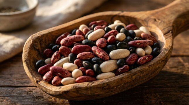 Assortment of colorful beans in a wooden scoop on a rustic table.