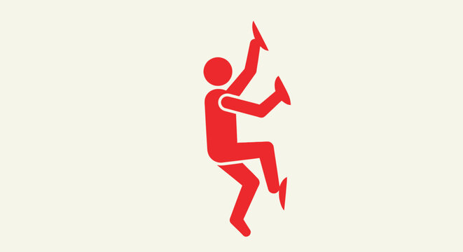 Red silhouette of a person climbing a wall with ice axes, symbolizing adventure and extreme sports