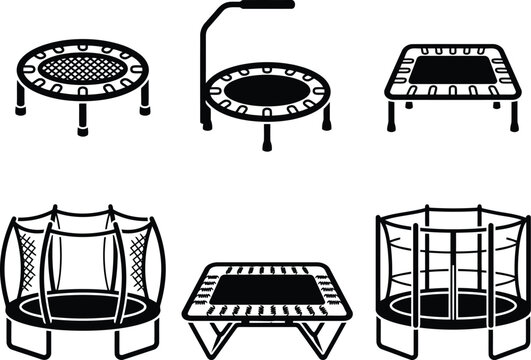 Set of black and white trampoline icons showing different shapes and styles for fitness and jumping exercise equipment