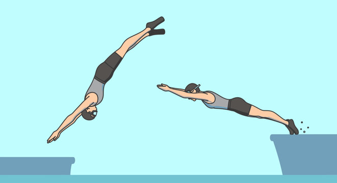 Two cartoon divers in mid-air, one jumping from a cliff into water, the other diving into water