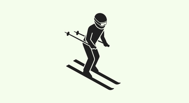 Silhouette of a skier in action, wearing helmet and goggles, holding ski poles, isolated on a light background