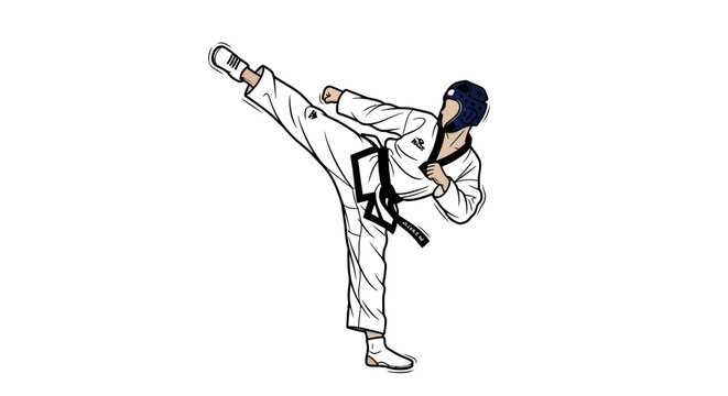 Martial arts fighter performing a high side kick in a taekwondo uniform with protective headgear, isolated on white.