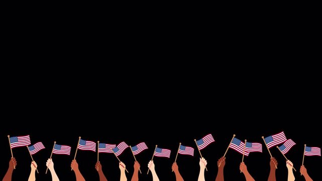 Animation Multiple diverse hands rising from bottom holding USA flags, lowering back down Transparent alpha channel background Patriotic overlay Compositing Independence Day visuals Copy space