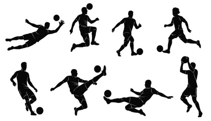 Fototapeta premium Vector set of soccer player silhouettes in various poses with a ball, including goalkeeping, dribbling, shooting, and heading actions