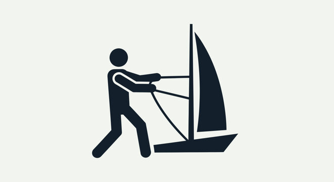 Windsurfing pictogram icon of a person sailing a windsurf board on the water, representing a water sport activity