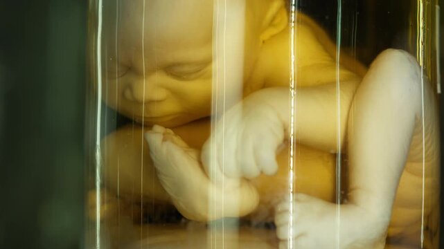 Exhibition of anatomical exhibits. A human infant with the pathological development of anencephaly