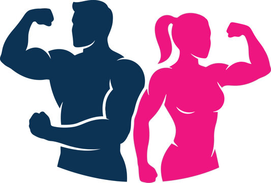 Strong muscular man and fit woman showing muscles in a gym fitness concept illustration