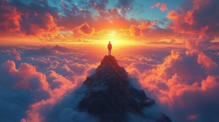 Obraz premium Solitary figure standing on a rocky mountain peak above a sea of clouds at sunrise with a vibrant, dramatic sky evoking awe and inspiration