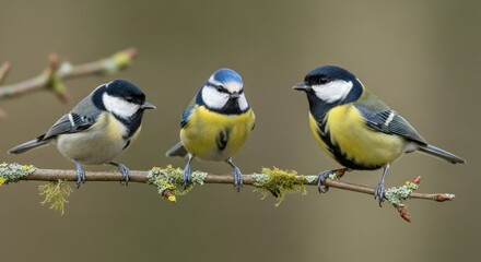 Obraz premium charming trio of colorful small birds perched on branch