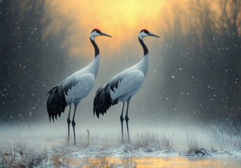 Fototapeta premium two red-crowned cranes standing in a snowy wetland at sunrise, mist and falling snow creating a serene golden backlit scene