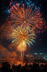 Naklejka premium Vibrant multicolored fireworks exploding over a glowing city skyline at night with smoke and illuminated buildings, evoking awe and celebration