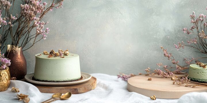 two small pale green round cakes on wooden boards with dried flower garnishes, gold spoons and vases in a soft serene pastel still life