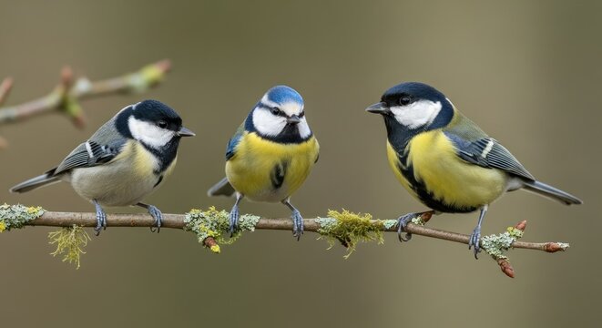 charming trio of colorful small birds perched on branch