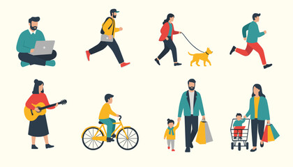 Fototapeta premium Vector set of diverse people characters performing daily activities, including working on laptop, walking dog, running, playing guitar, cycling, shopping