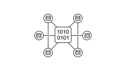 Data Mesh and Decentralized Network Architecture Vector Icon Illustration with Editable Stroke. Minimalist Black Line Art Representing Big Data, Cloud Computing, and Binary Processing Nodes on White. © Rafay