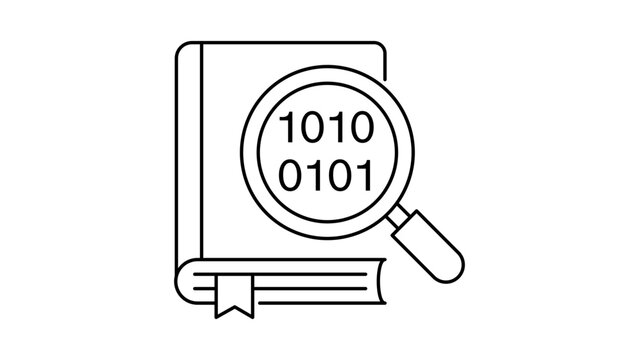 Data Catalog and Information Analysis Editable Stroke Vector Icon. Minimalist black line illustration of a book with a magnifying glass showing binary code and bar charts for digital research.