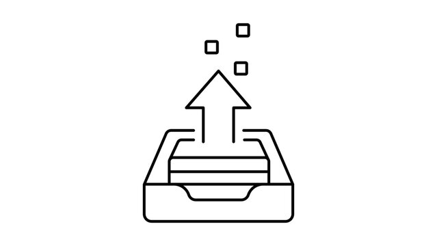 Data Export and File Upload Minimalist Black Line Vector Icon on White Background, Representing Information Flow, Outbox, and Digital Transfer with Editable Stroke for Web and App Design.