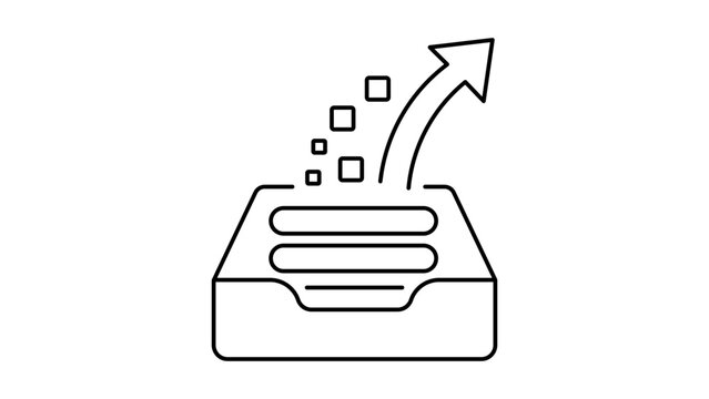 Data Export and File Transfer Editable Stroke Vector Icon. A minimalist black line illustration of digital information flowing out of a storage tray with an upward arrow on white background.